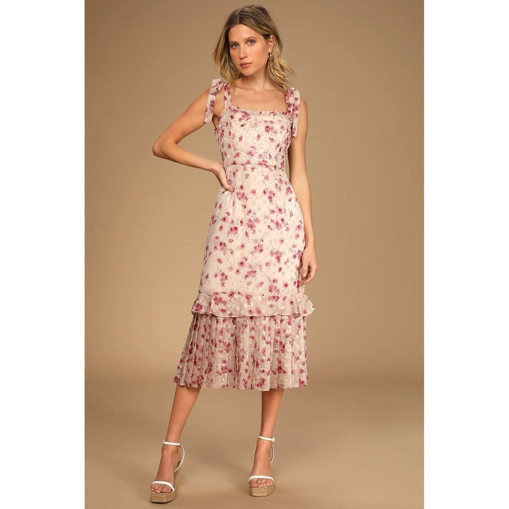 Lulus Terrace Views Midi Dress Small Mauve Pink Floral Metallic Wedding Guest